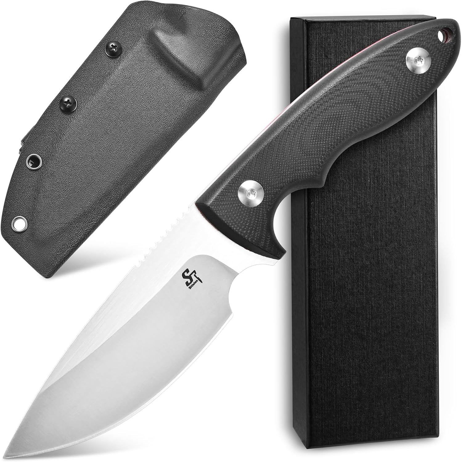 Sitivien ST-24 fixed blade knife with AUS-8 stainless drop point blade, G10 handle scales, and Kydex sheath
