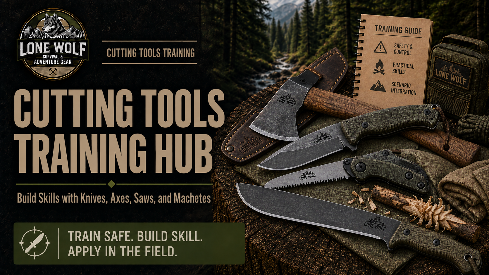 Cutting Tools Training Hub featuring survival knives, axes and hatchets, saws, and machetes